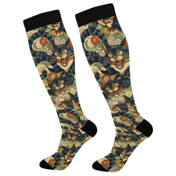Unisex Knee High Socks, Asian Cat Printed Socks, Long Running Socks for Men & Women (1 Pair)