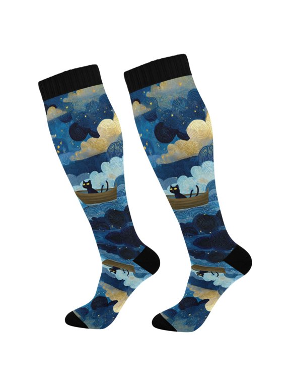 Unisex Knee High Socks, Cat Is Rowing Boat Printed Socks, Long Running Socks for Men & Women (1 Pair)