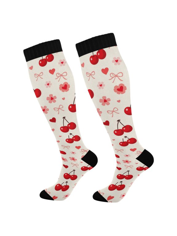 Unisex Knee High Socks, Cherry Printed Socks, Long Running Socks for Men & Women (1 Pair)