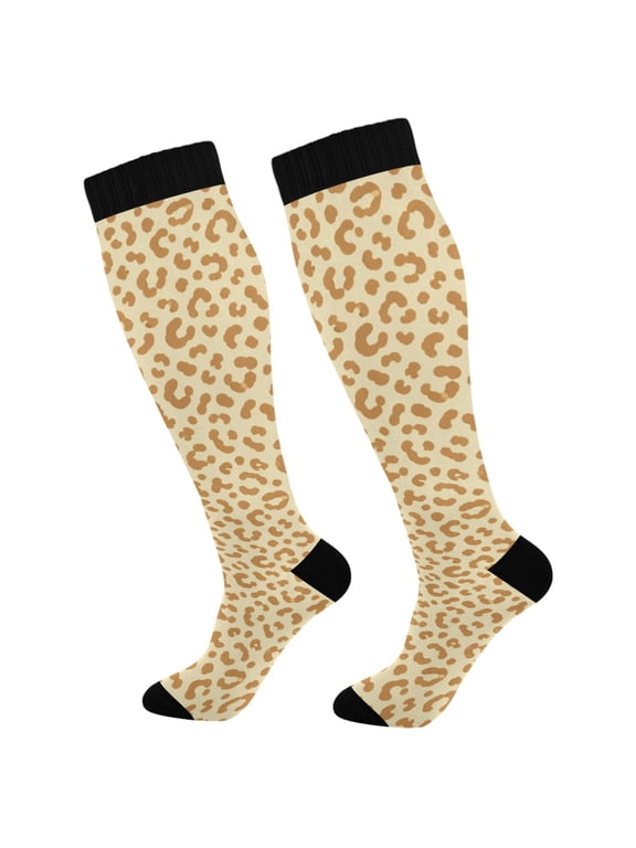 Unisex Knee High Socks, Cream Leopard Printed Socks, Long Running Socks for Men & Women (1 Pair)
