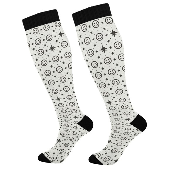 Unisex Knee High Socks, Cream Starsmile Printed Socks, Long Running Socks for Men & Women (1 Pair)