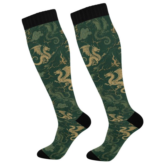 Unisex Knee High Socks, Dark Green Printed Socks, Long Running Socks for Men & Women (1 Pair)