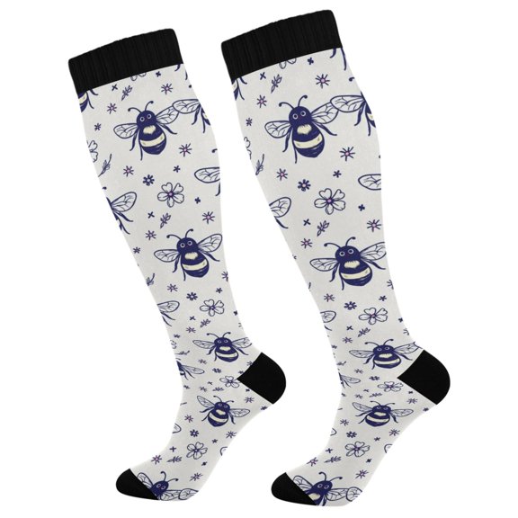 Unisex Knee High Socks, Navy Bee Printed Socks, Long Running Socks for Men & Women (1 Pair)