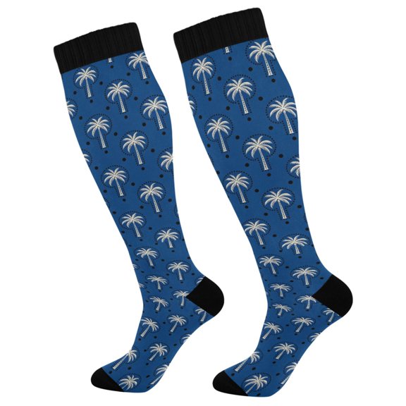 Unisex Knee High Socks, Navy Whitepalm Printed Socks, Long Running Socks for Men & Women (1 Pair)