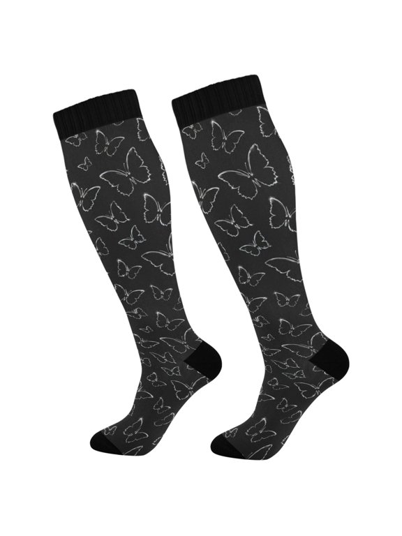 Unisex Knee High Socks, Silver Butterfly Printed Socks, Long Running Socks for Men & Women (1 Pair)