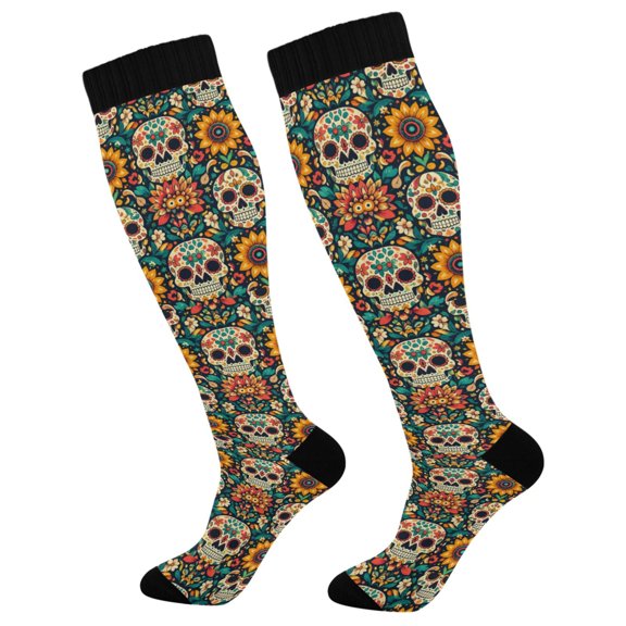 Unisex Knee High Socks, Sugar Skull Printed Socks, Long Running Socks for Men & Women (1 Pair)