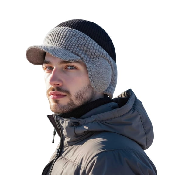 Unisex Knit Beanie with Brim and Ear Flaps, Winter Ski Hat, Warm Ribbed Earflap Hat, Cold Weather Outdoor Hat, Windproof Knit Cap, Men Women Winter Beanie Black