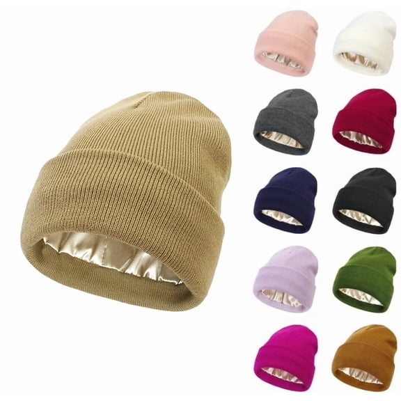 Unisex Knit Beanie Hat with Silk Lining Soft Slouchy Warm Acrylic Winter Hats Cuffed Skull Beanie for Women Men Khaki S