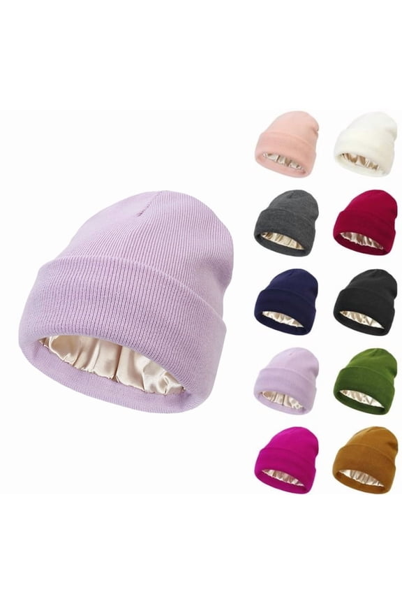 Unisex Knit Beanie Hat with Silk Lining Soft Slouchy Warm Acrylic Winter Hats Cuffed Skull Beanie for Women Men Purple S