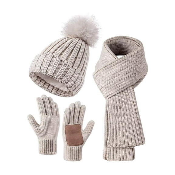 Unisex Knit Hat Scarf Gloves Set, 3-Piece Winter Accessories with Touchscreen Gloves, Warm Fleece Lined Beanie and Neck Warmer, 6 Color Options for Men and Women, Cold Weather Knit Set Beige