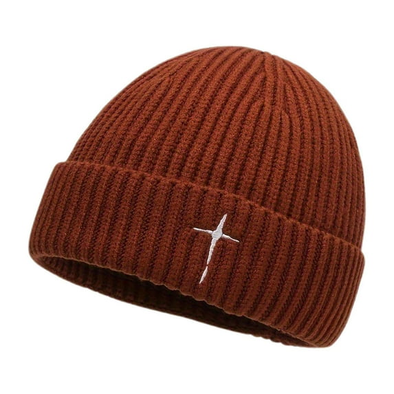 Unisex Knit Hat Winter Thick Embroidered Cross Slouchy Beanie Breathable Cap