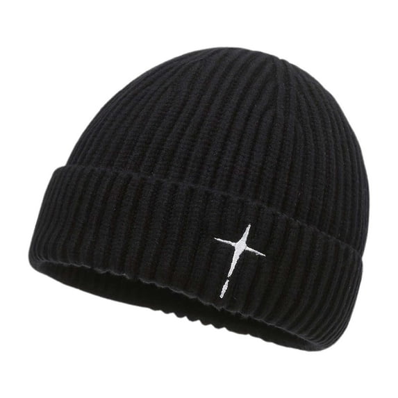 Unisex Knit Hat Winter Thick Embroidered Cross Slouchy Beanie Breathable Cap