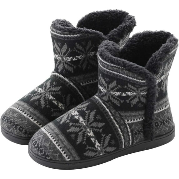 Unisex Knit Plush Slipper Boots Indoor Outdoor Thermal Ankle Bootie for Mens Women Foot Warmer Shoes Cotton Fleece Lining Winter Slipper Anti-Slip Sole Booties