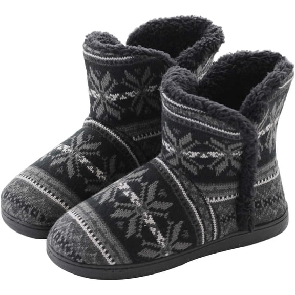 Unisex Knit Plush Slipper Boots Indoor Outdoor Thermal Ankle Bootie for Mens Women Foot Warmer Shoes Cotton Fleece Lining Winter Slipper Anti-Slip Sole Booties