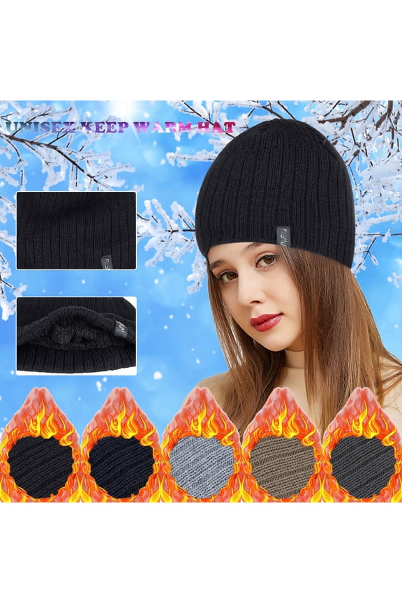 Unisex Knitted Beanie, Fleece Lined Winter Hat for Men and Women, Cuffed Warm Thermal Hat for Skiing, Hiking, Outdoor Activities and Cold Weather-Black
