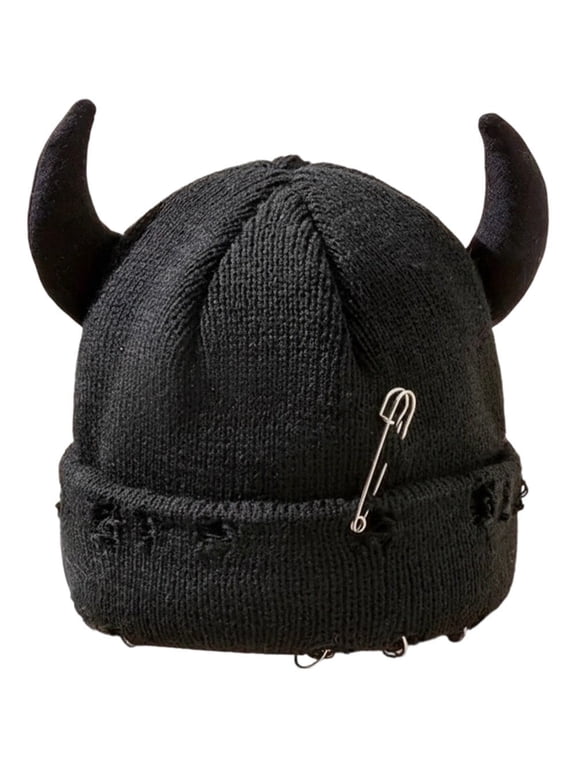 Unisex Knitted Beanie Hat, Devil Horns Knitted Hat, Halloween Distressed Skull Cap Funny Hip Hop Hat Windproof Warm Winter Yarn Hat For Men Women