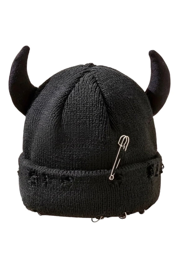 Unisex Knitted Beanie Hat, Devil Horns Knitted Hat, Halloween Distressed Skull Cap Funny Hip Hop Hat Windproof Warm Winter Yarn Hat For Men Women (Black)