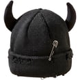 thumbnail image 1 of Unisex Knitted Beanie Hat, Devil Horns Knitted Hat, Halloween Distressed Skull Cap Funny Hip Hop Hat Windproof Warm Winter Yarn Hat For Men Women (Black), 1 of 7