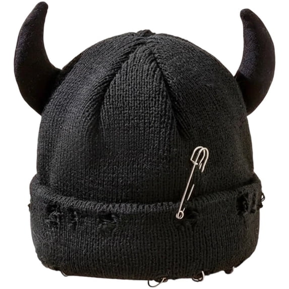 Unisex Knitted Beanie Hat, Devil Horns Knitted Hat, Halloween Distressed Skull Cap Funny Hip Hop Hat Windproof Warm Winter Yarn Hat For Men Women (Black)