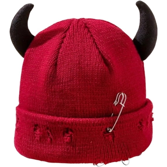 Unisex Knitted Beanie Hat, Devil Horns Knitted Hat, Halloween Distressed Skull Cap Funny Hip Hop Hat Windproof Warm Winter Yarn Hat For Men Women (Red)
