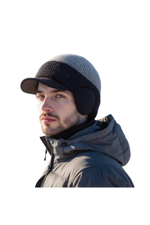 Unisex Knitted Hat with Brim and Ear Flaps, Winter Beanie for Men and Women, Windproof Thermal Fleece Lined Winter Hat for Cold Weather Outdoor Activities - Grey