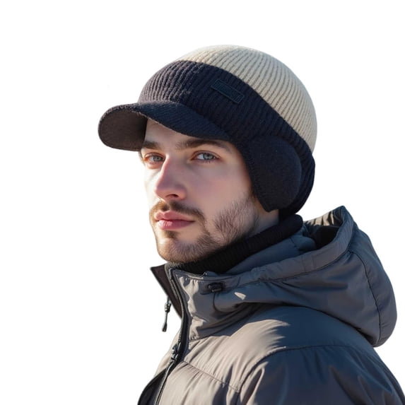 Unisex Knitted Hat with Brim and Ear Flaps, Winter Beanie for Men and Women, Windproof Thermal Fleece Lined Winter Hat for Cold Weather Outdoor Activities - Khaki