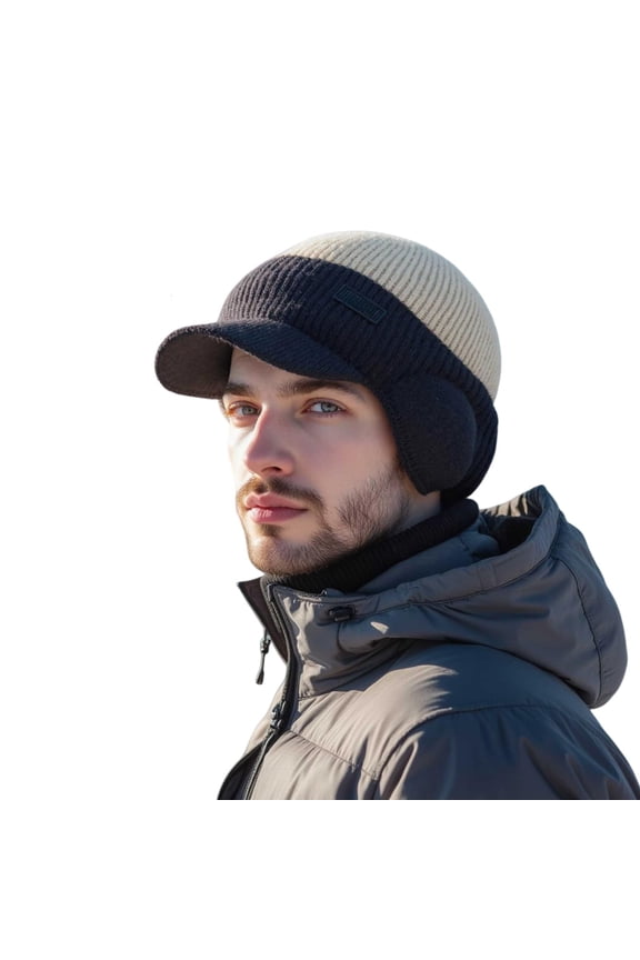 Unisex Knitted Hat with Brim and Ear Flaps, Winter Beanie for Men and Women, Windproof Thermal Fleece Lined Winter Hat for Cold Weather Outdoor Activities - Khaki