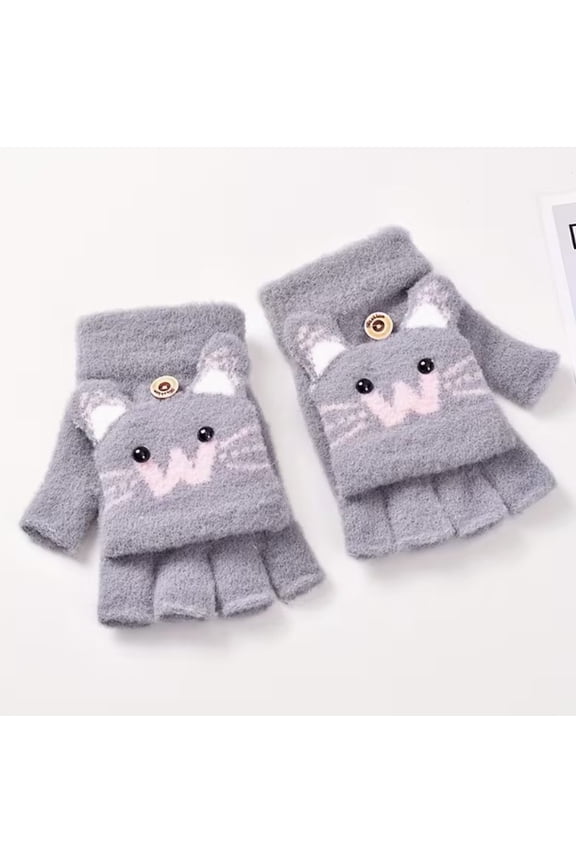 Unisex Korean Cartoon Half-Finger Gloves - Thickened Fleece Wrist Guards for Winter Warmth