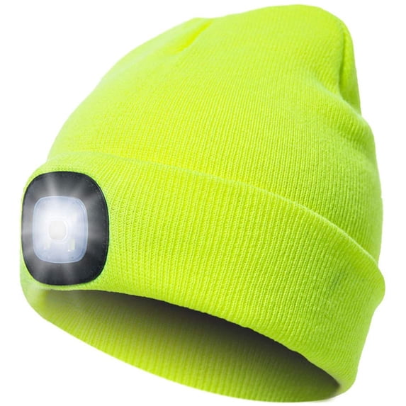 Unisex LED Beanie Hat with Light, USB Rechargeable Hands Free 4 LED Headlamp Cap, Warm Winter Knitted Hat with LED Flashlight for Hiking, Biking, Camping, Fcuorescent Yellow
