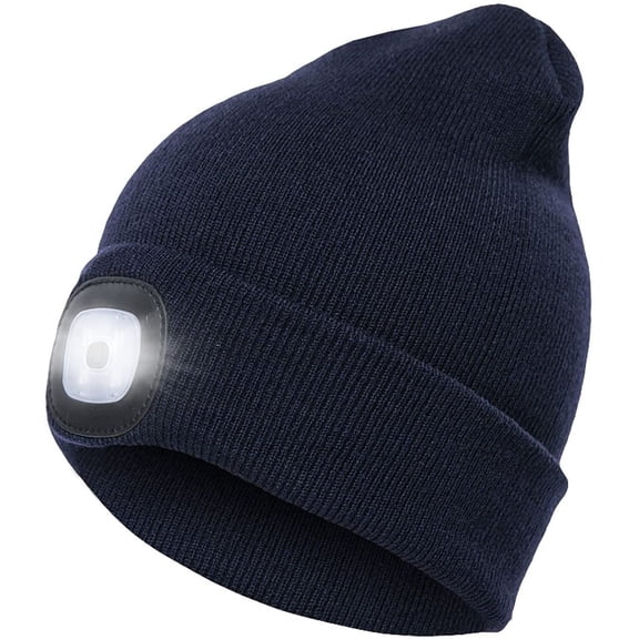 Unisex LED Beanie Hat with Light, USB Rechargeable Hands Free 4 LED Headlamp Cap, Warm Winter Knitted Hat with LED Flashlight for Hiking, Biking, Camping, Navy Blue
