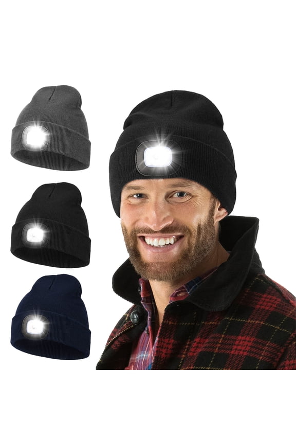 Unisex LED Beanie Hat with Light USB Rechargeable Headlamp Knitted Cap for Winter Camping Hiking Running Gifts for Men Dad Husband, Black