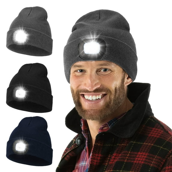 Unisex LED Beanie Hat with Light USB Rechargeable Headlamp Knitted Cap for Winter Camping Hiking Running Gifts for Men Dad Husband, Grey