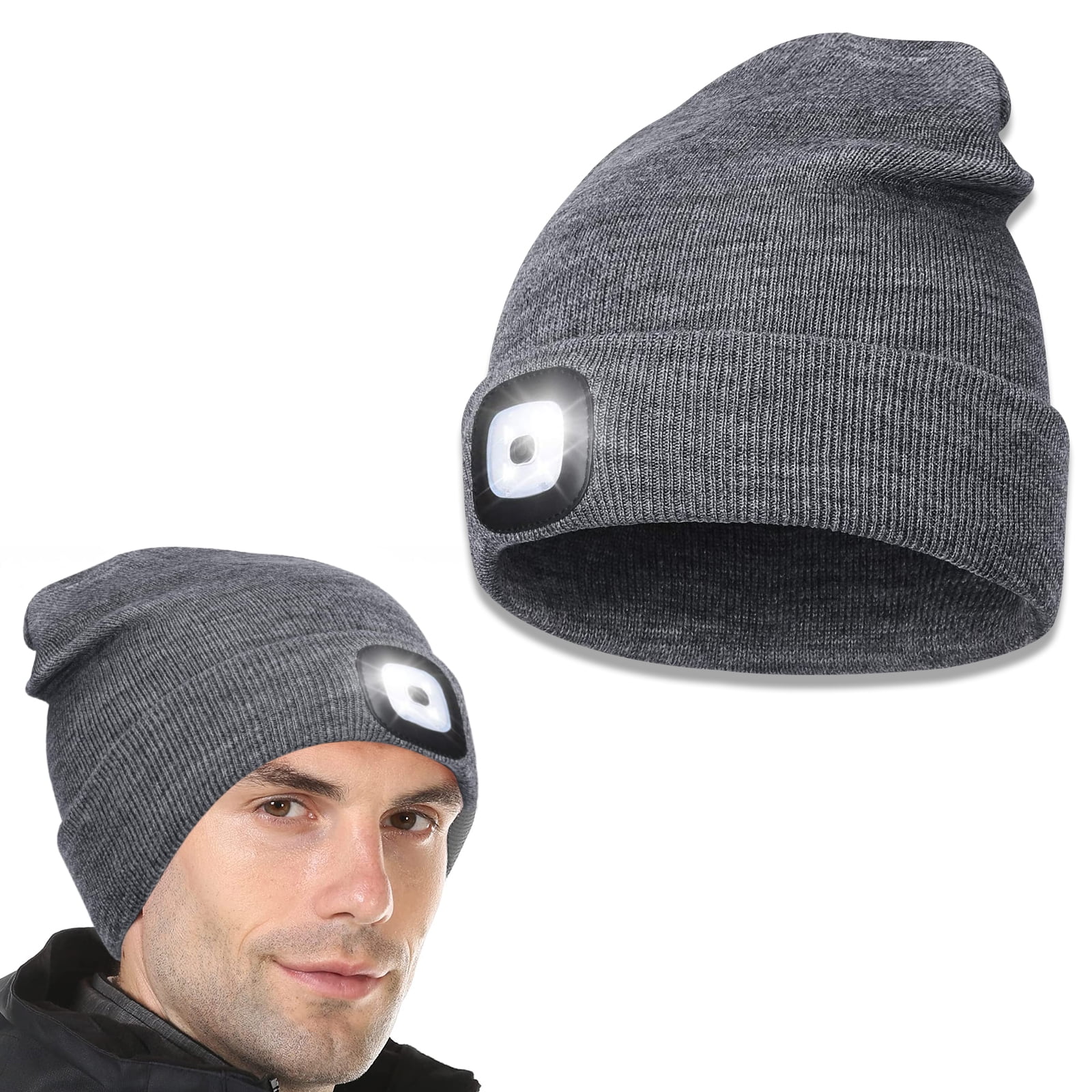 Unisex LED Beanie Headlamp, Knitted Night Light Flashlight Hat, USB Rechargeable Beanie Cap with