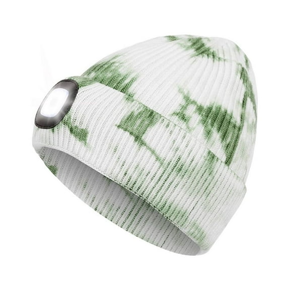 Unisex LED Beanie, USB Rechargeable Tie-dye Lighted Cap 4 LED Headlamp Hat Knit Warm Winter LED Hat with Flashlight, Gift for Men Women Dad, Green
