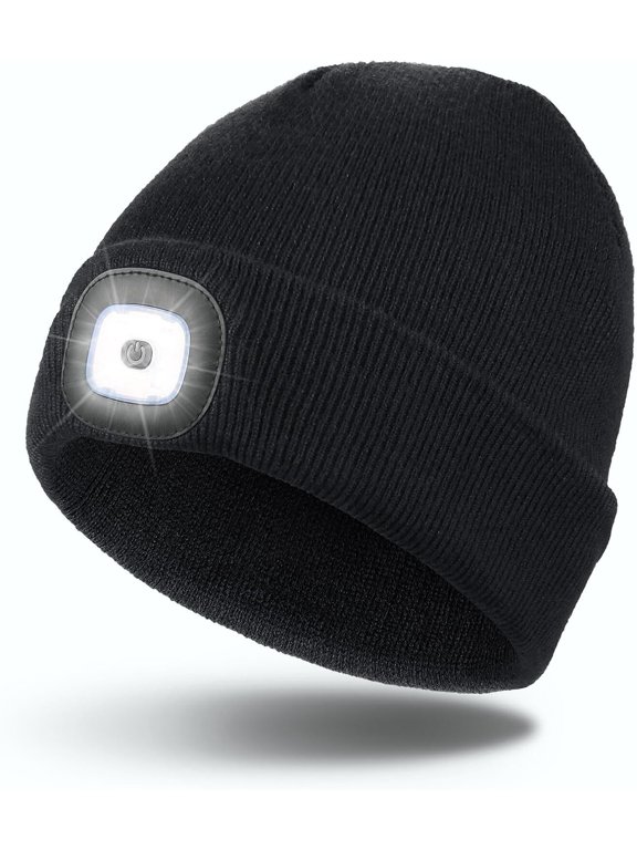 Unisex LED Beanie with Light, USB Rechargeable Flashlight Knitted LED Hat Headlamp Cap, Christmas Stocking Stuffers Gifts for Men Husband Dad Black