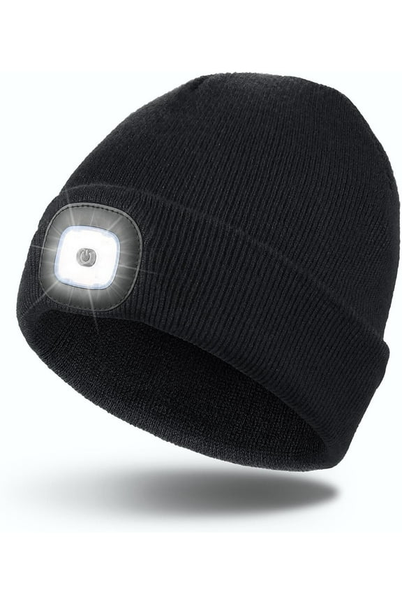 Unisex LED Beanie with Light, USB Rechargeable Flashlight Knitted LED Hat Headlamp Cap, Christmas Stocking Stuffers Gifts for Men Husband Dad Black
