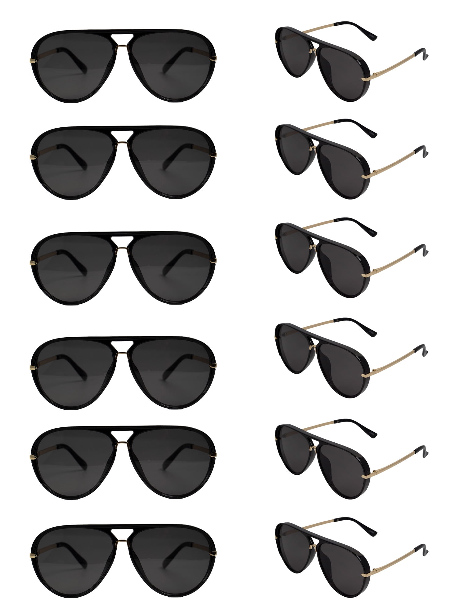 Unisex Large Aviator Frame Sunglasses, Black and Gold - 12 Pack