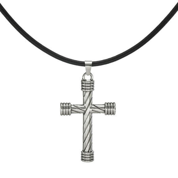 Unisex Large Stainless Cross Black Leather Cord Necklace – 24 inch