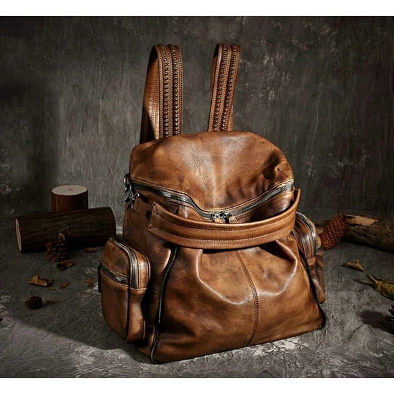 Unisex Leather Backpack - Stylish, Functional, and Durable - Full Grain Leather, Adjustable Strap, Fits iPad/Laptop - Ideal for Students, Professionals, and Travelers - 12.2" x 6.7" x 13.0"