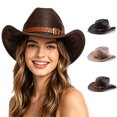 thumbnail image 1 of Unisex Leather Cowboy Hat Cattleman Western Style Wide Brim Rodeo Ranch Hat with Buckle Band, Textured Western Hat Country Festival Part, 1 of 5