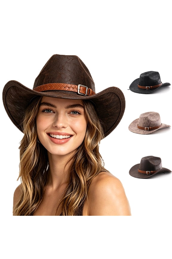 Unisex Leather Cowboy Hat Cattleman Western Style Wide Brim Rodeo Ranch Hat with Buckle Band, Textured Western Hat Country Festival Part