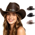 thumbnail image 1 of Unisex Leather Cowboy Hat Cattleman Western Style Wide Brim Rodeo Ranch Hat with Buckle Band, Textured Western Hat Country Festival Part, 1 of 5