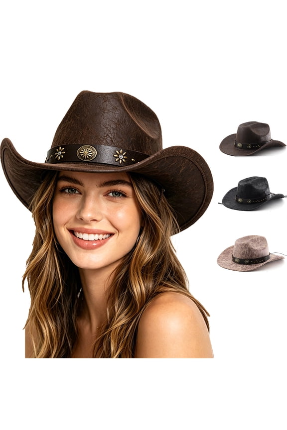 Unisex Leather Cowboy Hat Cattleman Western Style Wide Brim Rodeo Ranch Hat with Buckle Band, Textured Western Hat Country Festival Part