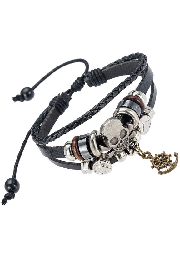 Unisex Leather Skull Bracelet with Rudder Pendant European American Alloy Inlay Individually Packed Skull Crossbones