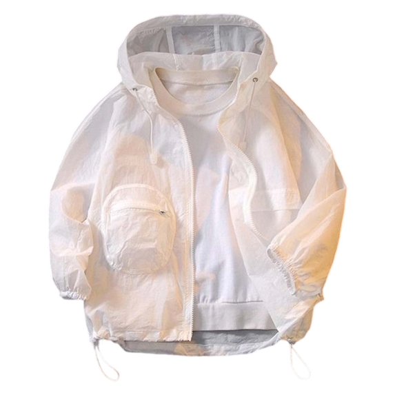 Unisex Lightweight Athletic Hooded Jacket, Full Zip Thin Coat with Pockets for Outdoor Running Hiking Breathable Wind_breaker Jackets For Boys Girls (White, 5-6 Years)