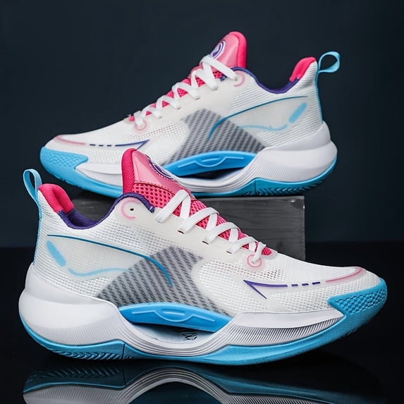 Unisex Lightweight Breathable Basketball Shoes - Anti-Slip Rubber Sole, Shock Absorption & High Elasticity for Men & Women, Low-Top Athletic Sneakers with White/Red Accents, All-Season Court Running
