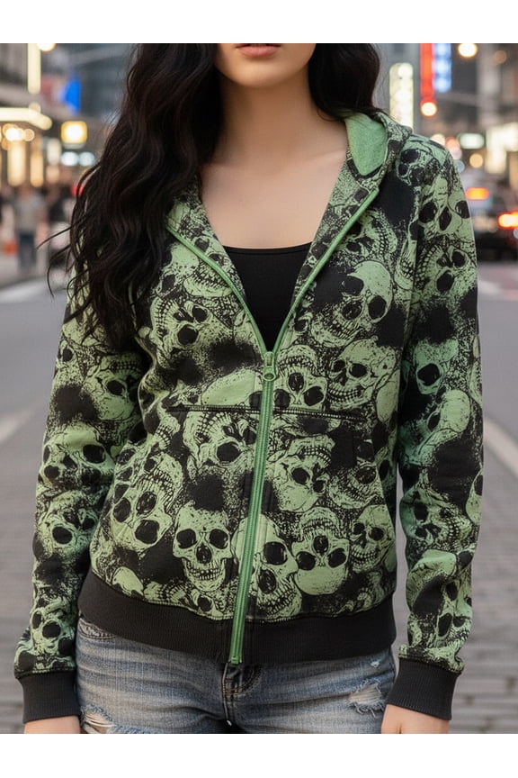 Unisex Lime Green Skull Print Hooded Jacket,Trendy Zip-Up Streetwear Coat with Hood and Side Pockets,Couple Matching Fashion Jacket
