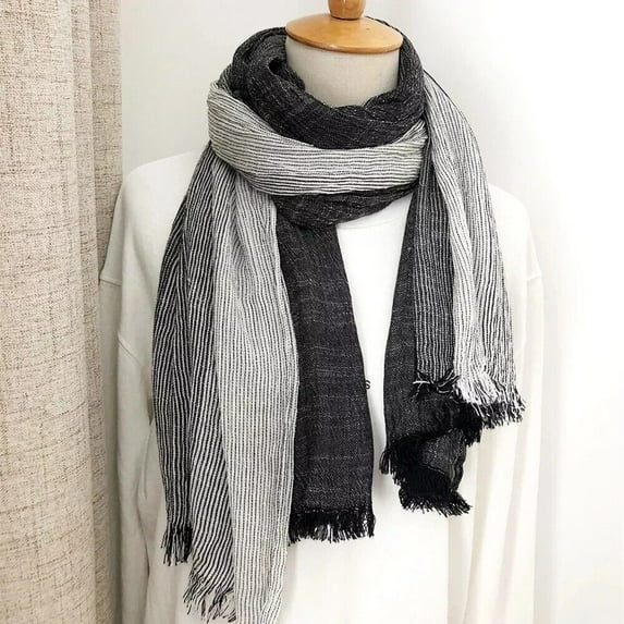 Unisex Linen Striped Long Scarf Soft Lightweight Tassel Shawl Wrap