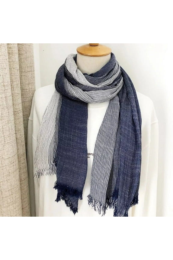 Unisex Linen Striped Long Scarf Soft Lightweight Tassel Shawl Wrap