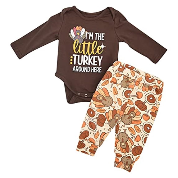 Unisex Little Turkey Here Thanksgiving Baby Clothes Outfit Set (18M, Brown)